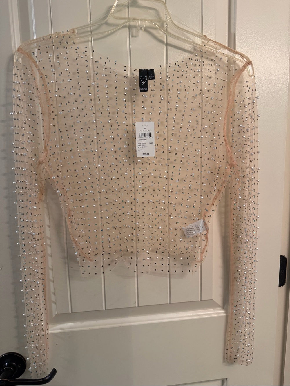 Windsor Nude Sheer Crystal-Embellished Long-Sleeve Crop Top